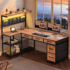 Reversible L Shaped Corner Computer Desk with 5 Drawers & LED Lights – Home Office Gaming Desk