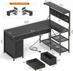 Reversible L Shaped Corner Computer Desk with 5 Drawers & LED Lights – Home Office Gaming Desk