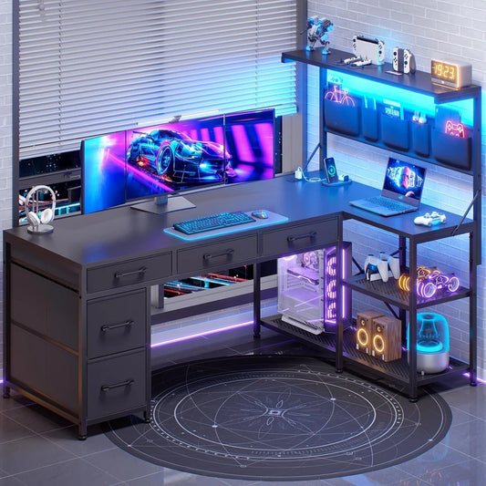 Reversible L Shaped Corner Computer Desk with 5 Drawers & LED Lights – Home Office Gaming Desk