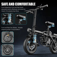 500W Electric Bicycles Ebike E-Bike For Adults, 3-Riding Modes, 14' Foldable Ebike, With Charger And Battery, MAX Speed 19.9 MPH, Dual Disc Brakes, With A Basket And Lock, Durable And Lightweight Frame, All-Terrain Foldable Ebike