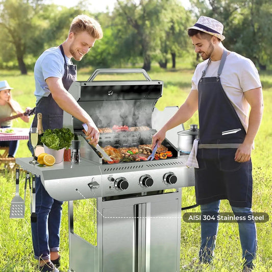 Outdoor Propane Gas Grill with 34,000 BTU Output, 3 Main Burners and a Side Burner, All Stainless Steel Construction, Cast Iron Cooking Grates, Portable Cart with Wheels, Perfect for Backyard, Patio, and Camping Barbecues