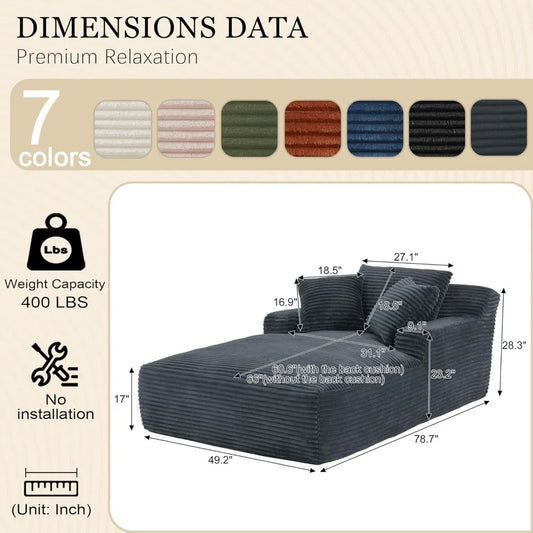 80 Inch Chaise Lounge Chair Indoor, Oversized Corduroy Upholstered Boneless Sofa Bed, Deep Seat Sleeper Couch Reading Chairs, Cl