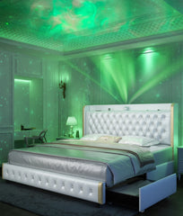 GEGOFORU Queen LED-Bettrahmen mit Galaxy-Projektor, Bluetooth-Lautsprecher, USB-Anschlüssen, 4 Schubladen, kein Boxspringbett erforderlich, PU Schwarz