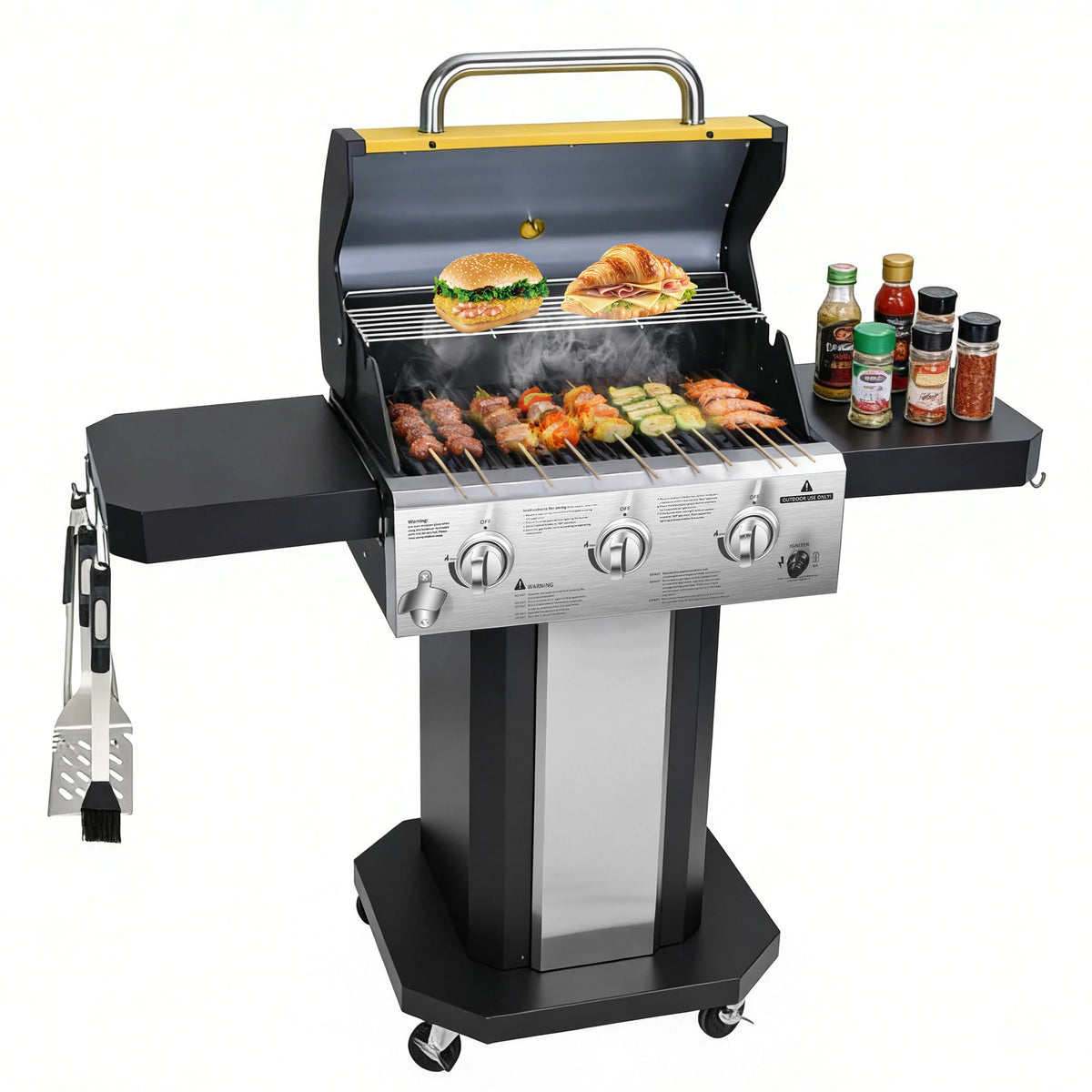 3-Burner Propane Gas Grill with Warming Rack, 30,000 BTU Outdoor BBQ Grill, Foldable Side Tables, Tool Hooks & Easy-Roll Wheels