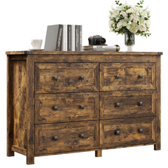 59in Wood Dresser 6 Drawer Storage Cabinet Vintage Dresser Chest of Drawers for Bedroom and Living Room