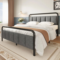 Lit double Garvee avec tête de lit de rangement et 2 tiroirs, cadre de lit plateforme rembourré en lin avec station de recharge, robuste, pas besoin de sommier tapissier, montage facile, silencieux, gris