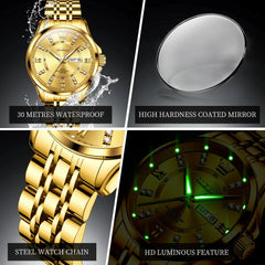 OLEVS 3620 Gold Luxury Men Watch Brand Original Quartz Watch Stainless Steel Waterproof Clock Business Calendar Gift Men Watch