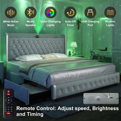 GEGOFORU Queen LED-Bettrahmen mit Galaxy-Projektor, Bluetooth-Lautsprecher, USB-Anschlüssen, 4 Schubladen, kein Boxspringbett erforderlich, PU Schwarz