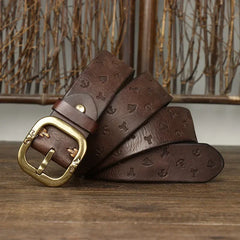 3.8cm Pure Cowhide Leather Belt For Men Embossed Copper Buckle
