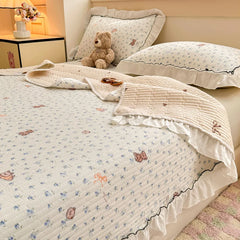 Korean Lace Ruffles Spring Bedsheet Princess Quilted Bedspread Air-conditioning Blanket Single Double Sheet Mattress Cover