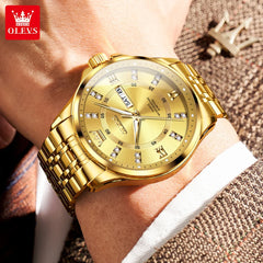 OLEVS 3620 Gold Luxury Men Watch Brand Original Quartz Watch Stainless Steel Waterproof Clock Business Calendar Gift Men Watch