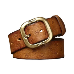 3.8cm Pure Cowhide Leather Belt For Men Embossed Copper Buckle