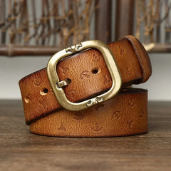 3.8cm Pure Cowhide Leather Belt For Men Embossed Copper Buckle