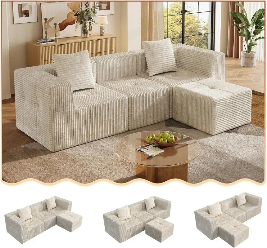 【3 sous-colis】 Canapé d'angle modulaire en L Niccae 101" – Canapé nuage sans structure en tissu côtelé, soutien en mousse à mémoire de forme et conception sans assemblage – Canapé moelleux parfait pour le salon