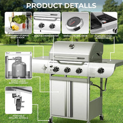 Outdoor Propane Gas Grill with 34,000 BTU Output, 3 Main Burners and a Side Burner, All Stainless Steel Construction, Cast Iron Cooking Grates, Portable Cart with Wheels, Perfect for Backyard, Patio, and Camping Barbecues