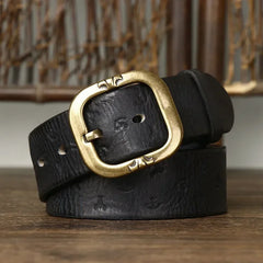 3.8cm Pure Cowhide Leather Belt For Men Embossed Copper Buckle