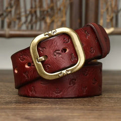 3.8cm Pure Cowhide Leather Belt For Men Embossed Copper Buckle