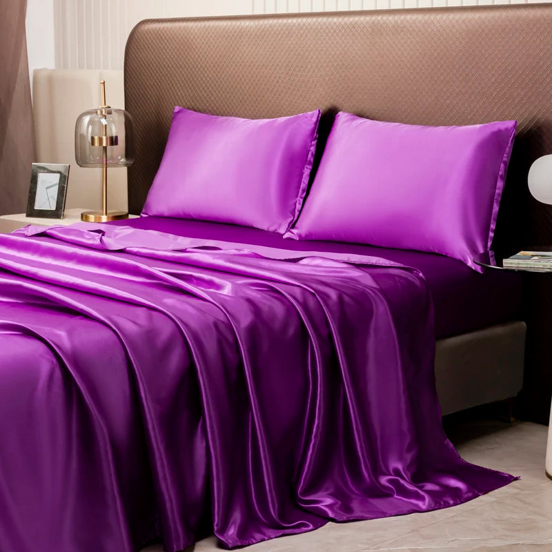 DECOLURE 4-teiliges Satin-Bettwäsche-Set – seidiges Spannbettlaken, hypoallergen, doppelt genäht, knitterfrei, 38 cm tiefe Taschen, elastische Kanten für sicheren Halt, luxuriös weiche Bettwäsche