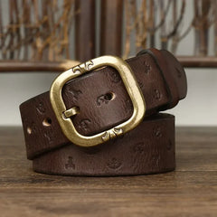 3.8cm Pure Cowhide Leather Belt For Men Embossed Copper Buckle
