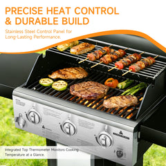 3-Burner Propane Gas Grill with Warming Rack, 30,000 BTU Outdoor BBQ Grill, Foldable Side Tables, Tool Hooks & Easy-Roll Wheels