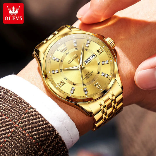 OLEVS 3620 Gold Luxury Men Watch Brand Original Quartz Watch Stainless Steel Waterproof Clock Business Calendar Gift Men Watch