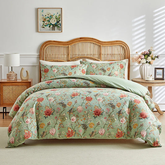 Vintage Blumendruck Bettwäsche-Set Weich Atmungsaktiv Doppelbett Bettwäsche-Set Ganzjahres-Bettdeckenbezug Queen-Size und Kissenbezüge