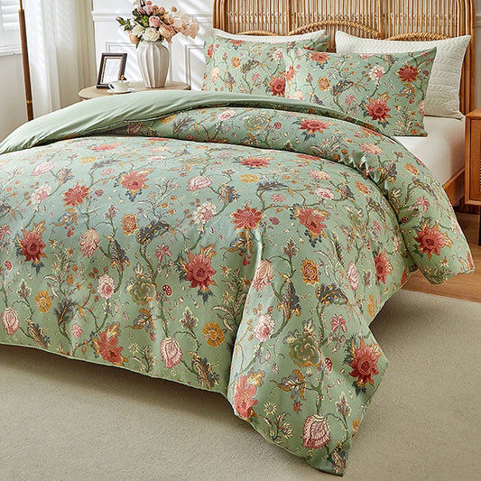 Vintage Blumendruck Bettwäsche-Set Weich Atmungsaktiv Doppelbett Bettwäsche-Set Ganzjahres-Bettdeckenbezug Queen-Size und Kissenbezüge
