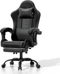 Athena Collection Carbonfaser Schwarzer Gaming-Stuhl – Ergonomisch mit Fußstütze Kopfstütze Lendenwirbelstütze Höhenverstellbar Drehbar