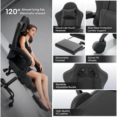 Athena Collection Carbonfaser Schwarzer Gaming-Stuhl – Ergonomisch mit Fußstütze Kopfstütze Lendenwirbelstütze Höhenverstellbar Drehbar