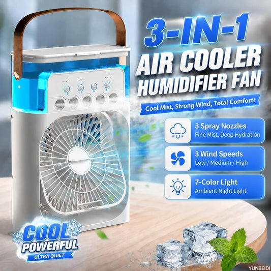 Three-in-one Fan Air Conditioner LED Light Portable Humidifier Air Conditioner Fan 3/4 Wind Speed Outdoor Travel Water Spray Fan