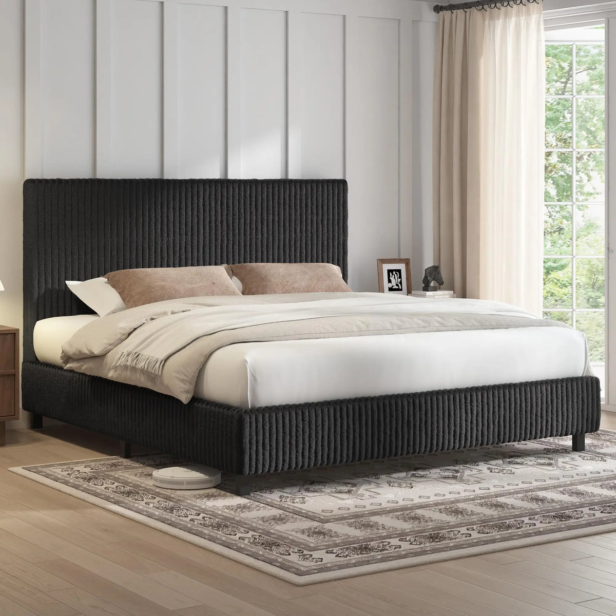 [DealsForYouDays][Summerwins] AMERLIFE Upholstered Bed Frame, Corduroy Platform Bed with 3.5" Thick Gap-Free Headboard, Fully Padded, Metal Frame with Strong Slats, No Box Spring Needed