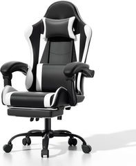 Athena Collection Carbonfaser Schwarzer Gaming-Stuhl – Ergonomisch mit Fußstütze Kopfstütze Lendenwirbelstütze Höhenverstellbar Drehbar