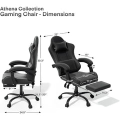 Athena Collection Carbonfaser Schwarzer Gaming-Stuhl – Ergonomisch mit Fußstütze Kopfstütze Lendenwirbelstütze Höhenverstellbar Drehbar