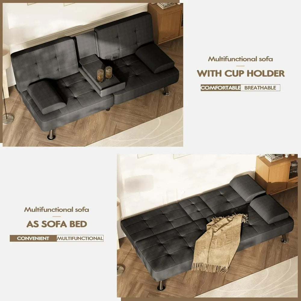 Homall Futon Sofa Bed, Futon Couch with Removable Armrests Adjustable Recliner Sleeper Sofa Bed with Dual Cup Holders for Living