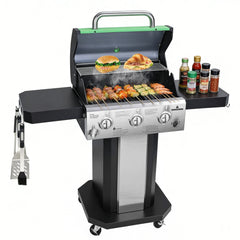 3-Burner Propane Gas Grill with Warming Rack, 30,000 BTU Outdoor BBQ Grill, Foldable Side Tables, Tool Hooks & Easy-Roll Wheels