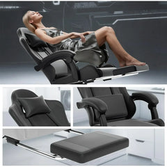 Athena Collection Carbonfaser Schwarzer Gaming-Stuhl – Ergonomisch mit Fußstütze Kopfstütze Lendenwirbelstütze Höhenverstellbar Drehbar