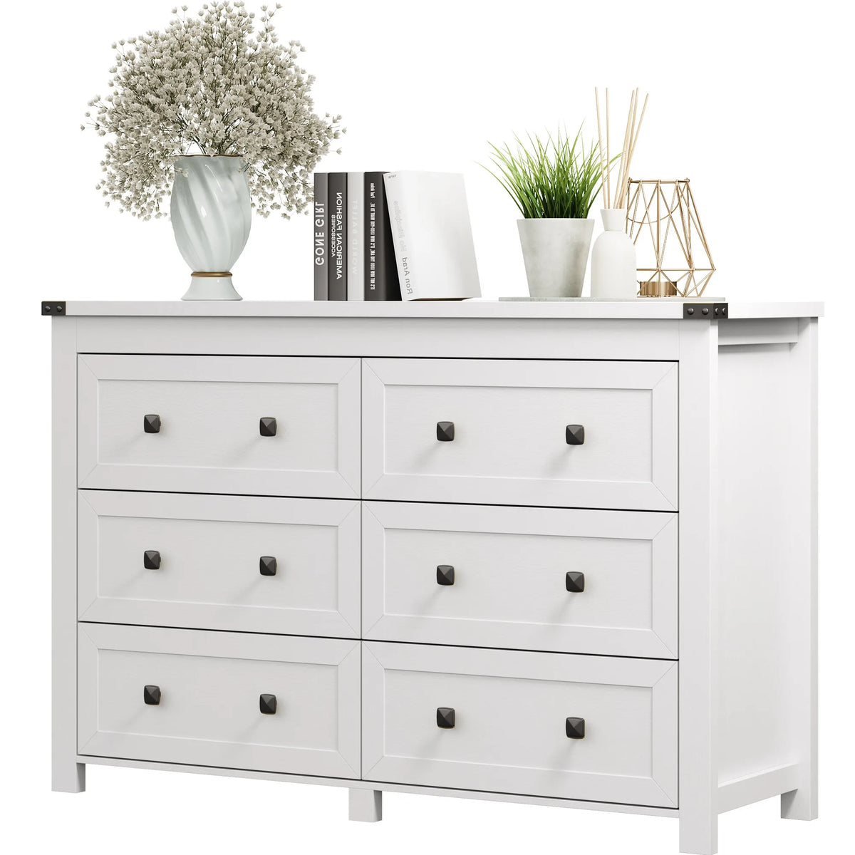 59in Wood Dresser 6 Drawer Storage Cabinet Vintage Dresser Chest of Drawers for Bedroom and Living Room