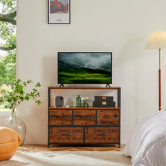 BROOKLYN Modern TV Stand - Sweet Indoor Furniture TV Console Cabinet with 5 Fabric Drawers, Open Storage Shelf, Living Room Decor, Room Storage for Bedroom, Apartment Furniture