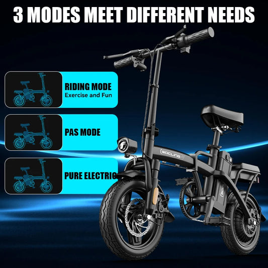 500W Electric Bicycles Ebike E-Bike For Adults, 3-Riding Modes, 14' Foldable Ebike, With Charger And Battery, MAX Speed 19.9 MPH, Dual Disc Brakes, With A Basket And Lock, Durable And Lightweight Frame, All-Terrain Foldable Ebike