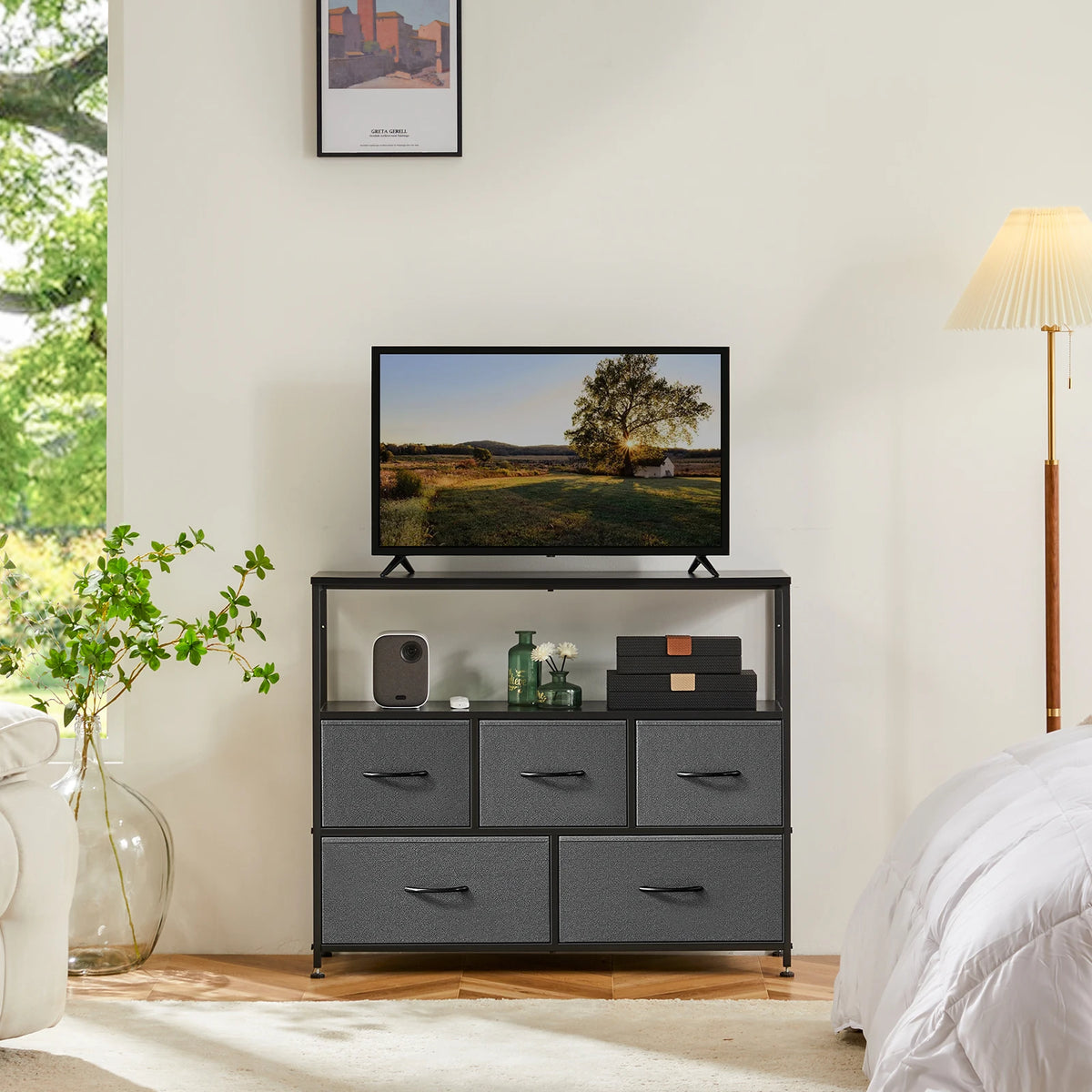 BROOKLYN Modern TV Stand - Sweet Indoor Furniture TV Console Cabinet with 5 Fabric Drawers, Open Storage Shelf, Living Room Decor, Room Storage for Bedroom, Apartment Furniture