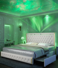 GEGOFORU Queen LED-Bettrahmen mit Galaxy-Projektor, Bluetooth-Lautsprecher, USB-Anschlüssen, 4 Schubladen, kein Boxspringbett erforderlich, PU Schwarz