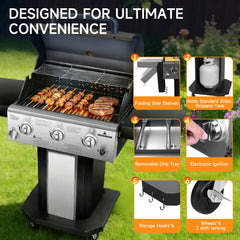 3-Burner Propane Gas Grill with Warming Rack, 30,000 BTU Outdoor BBQ Grill, Foldable Side Tables, Tool Hooks & Easy-Roll Wheels