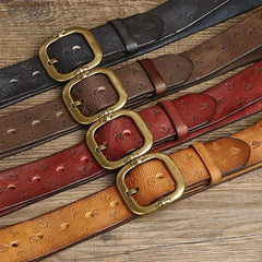 3.8cm Pure Cowhide Leather Belt For Men Embossed Copper Buckle