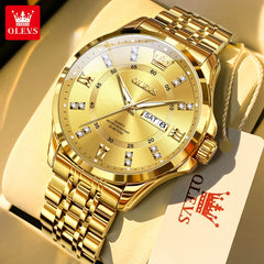 OLEVS 3620 Gold Luxury Men Watch Brand Original Quartz Watch Stainless Steel Waterproof Clock Business Calendar Gift Men Watch