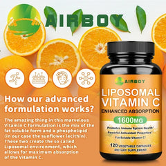 Liposomal Vitamin C 1600mg - Promotes Collagen Production, Immune Support, Powerful Antioxidant Supplement