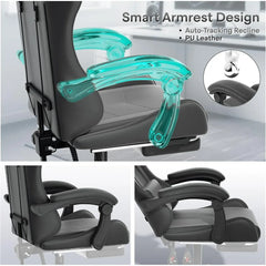Athena Collection Carbonfaser Schwarzer Gaming-Stuhl – Ergonomisch mit Fußstütze Kopfstütze Lendenwirbelstütze Höhenverstellbar Drehbar