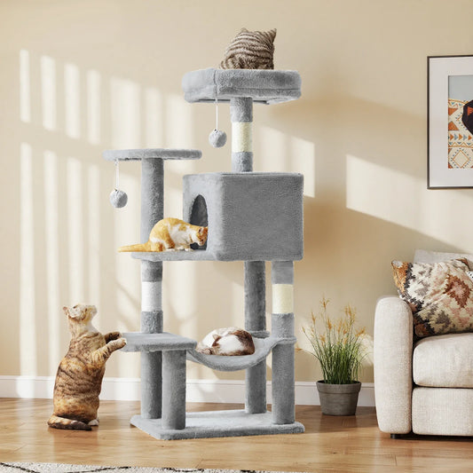 Arbre à chat JHK grand, tour d'escalade multi-chats avec poteaux en sisal naturel, pour intérieur