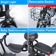 Trottinette électrique Spacewalk 36V avec 3 sièges pour adultes, alimentée par un moteur de 500W en crête, vélo électrique avec pneus de 14" et autonomie de 32 km et vitesse de 28 km/h