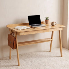 Solid Wood Home Office Desk with 2 Drawers & Storage Shelf – Mid Century Writing Desk