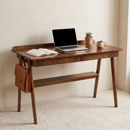 Solid Wood Home Office Desk with 2 Drawers & Storage Shelf – Mid Century Writing Desk